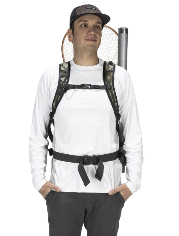 Simms Dry Creek Z Backpack Riparian Camo Model Front Simms Dry Creek Z Backpack Riparian Camo Model Front